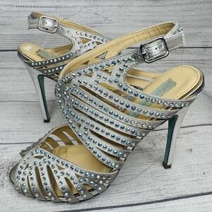 Betsey Johnson Something Blue Julia Silver Rhinestone Strappy Heels Pumps Size 7